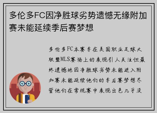 多伦多FC因净胜球劣势遗憾无缘附加赛未能延续季后赛梦想